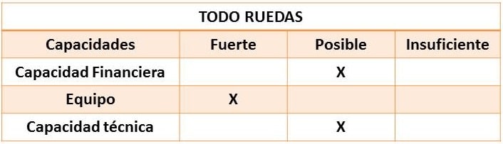 Resultado de la evaluación de la capacidad para emprender de TODO RUEDAS.